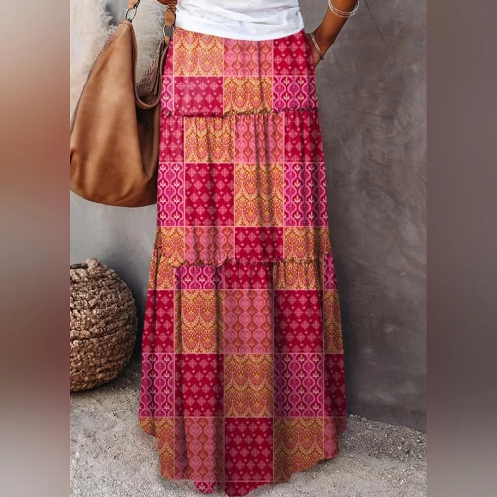 Maxi Skirt 70s Style Long Pocket Skirts - Long Floral Boho Patchwork Print Skirt - Picture 8 of 9